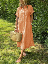 Mia | Damen Gestreiftes Kurzarm Midi-Shirtkleid – Orange