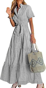 Lena | Damen Gestreiftes Maxi Hemdblusenkleid mit Gürtel und Rüschensaum – Schwarz