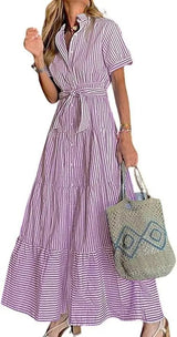 Lena | Damen Gestreiftes Maxi Hemdblusenkleid mit Gürtel und Rüschensaum – Lila