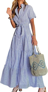 Lena | Damen Gestreiftes Maxi Hemdblusenkleid mit Gürtel und Rüschensaum – Blau