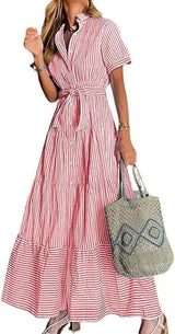 Lena | Damen Gestreiftes Maxi Hemdblusenkleid mit Gürtel und Rüschensaum – Rot