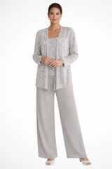 Frieda | Damen Glitzer Dreiteiler Weite Hose Blazer Set – Silber