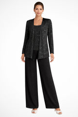 Frieda | Damen Glitzer Dreiteiler Weite Hose Blazer Set – Schwarz