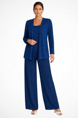 Frieda | Damen Glitzer Dreiteiler Weite Hose Blazer Set – Marineblau