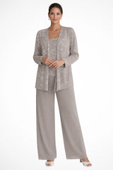 Frieda | Damen Glitzer Dreiteiler Weite Hose Blazer Set – Beige