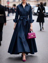 Elisabeth | Damen Hemdkleid Langarm Taillengürtel Maxikleid – Marine