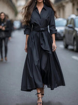 Elisabeth | Damen Hemdkleid Langarm Taillengürtel Maxikleid – Schwarz