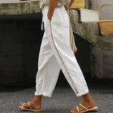 Katharina | Damen High-Waist Leinen-Look Hose mit Zierknopfstreifen – Weiß