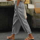 Katharina | Damen High-Waist Leinen-Look Hose mit Zierknopfstreifen – Grau