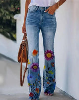 Katharina | Damen High-Waist Schlaghose mit Blumenmuster – Blau 2