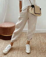 Damen Hose mit Kordelzugbund und Schmal Zulaufendem Bein – Beige