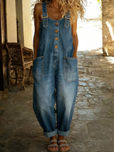 Frieda | Damen Jeans Latzhose Weit Verstellbare Träger Taschen – Denim