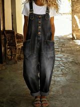 Frieda | Damen Jeans Latzhose Weit Verstellbare Träger Taschen – Schwarz