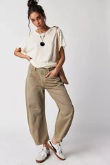 Damen Jeans mit weitem Bein und klassischer Taschenanordnung – Khaki