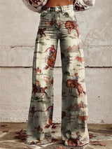 Marie | Damen Jeans Western Print High-Waist Wide-Leg Hose – Beige