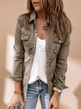 Annika | Damen Jeansjacke mit Knopfleiste Brusttaschen Hemdblusenkragen – Armeegrün