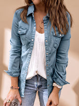 Annika | Damen Jeansjacke mit Knopfleiste Brusttaschen Hemdblusenkragen – Blau