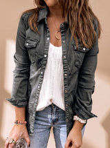 Annika | Damen Jeansjacke mit Knopfleiste Brusttaschen Hemdblusenkragen – Schwarz