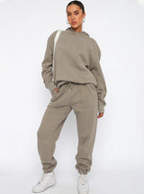 Damen Jogging-Set mit Hoodie Kapuze Kordelzug und gerader Hose – Khaki