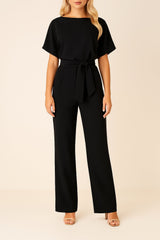 Marie | Damen Jumpsuit Ärmellos Weites Bein Bindegürtel – Schwarz