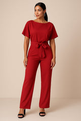 Marie | Damen Jumpsuit Ärmellos Weites Bein Bindegürtel – Rot