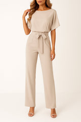Marie | Damen Jumpsuit Ärmellos Weites Bein Bindegürtel – Beige