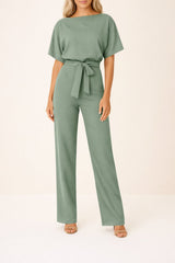 Marie | Damen Jumpsuit Ärmellos Weites Bein Bindegürtel – Grün
