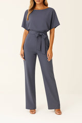 Marie | Damen Jumpsuit Ärmellos Weites Bein Bindegürtel – Grau