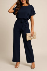 Marie | Damen Jumpsuit Ärmellos Weites Bein Bindegürtel – Marineblau