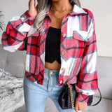 Mia | Damen Karierter Strickpullover Oversize Flanell Shacket Langarm – Rot