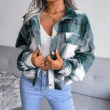 Mia | Damen Karierter Strickpullover Oversize Flanell Shacket Langarm – Grün