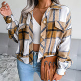Mia | Damen Karierter Strickpullover Oversize Flanell Shacket Langarm – Khaki