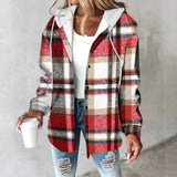 Amelie | Damen Karo Hoodie Jacke mit Kapuze Lockere Passform Winterjacke – Rot