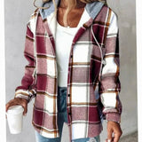 Amelie | Damen Karo Hoodie Jacke mit Kapuze Lockere Passform Winterjacke – Dunkelrot
