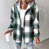 Amelie | Damen Karo Hoodie Jacke mit Kapuze Lockere Passform Winterjacke – Grün