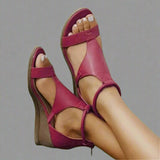 Mia | Damen Keilsandalen Knöchelriemen Peep Toe Wedge Komfort – Burgund