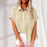 Damen Kurzarm Bluse locker mit Knöpfen – Beige