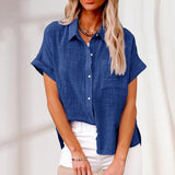 Damen Kurzarm Bluse locker mit Knöpfen – Blau