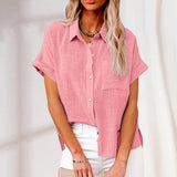 Damen Kurzarm Bluse locker mit Knöpfen – Rosa