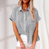 Damen Kurzarm Bluse locker mit Knöpfen – Grau