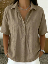 Johanna | Damen Kurzarm-Bluse mit Kragen lockerer Leinen-Look Knopfleiste – Khaki