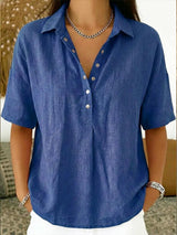 Johanna | Damen Kurzarm-Bluse mit Kragen lockerer Leinen-Look Knopfleiste – Blau
