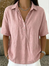 Johanna | Damen Kurzarm-Bluse mit Kragen lockerer Leinen-Look Knopfleiste – Rosa