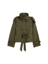 Damen Stehkragen Langarmjacke mit Gürtel und Knöpfen – Olivgrün