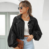 Damen Kurze Jacke mit Knopfleiste Kragen Brusttaschen und Langen Ärmeln – Schwarz