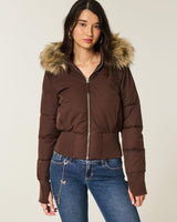 Damen Cropped Langarm Pufferjacke mit Kapuze – Braun