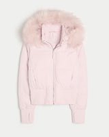Damen Cropped Langarm Pufferjacke mit Kapuze – Rosa