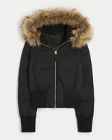 Damen Cropped Langarm Pufferjacke mit Kapuze – Schwarz