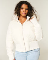 Damen Cropped Langarm Pufferjacke mit Kapuze – Weiß