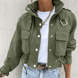 Damen Kurzjacke mit Kapuze und Taschen – Dunkelgrün